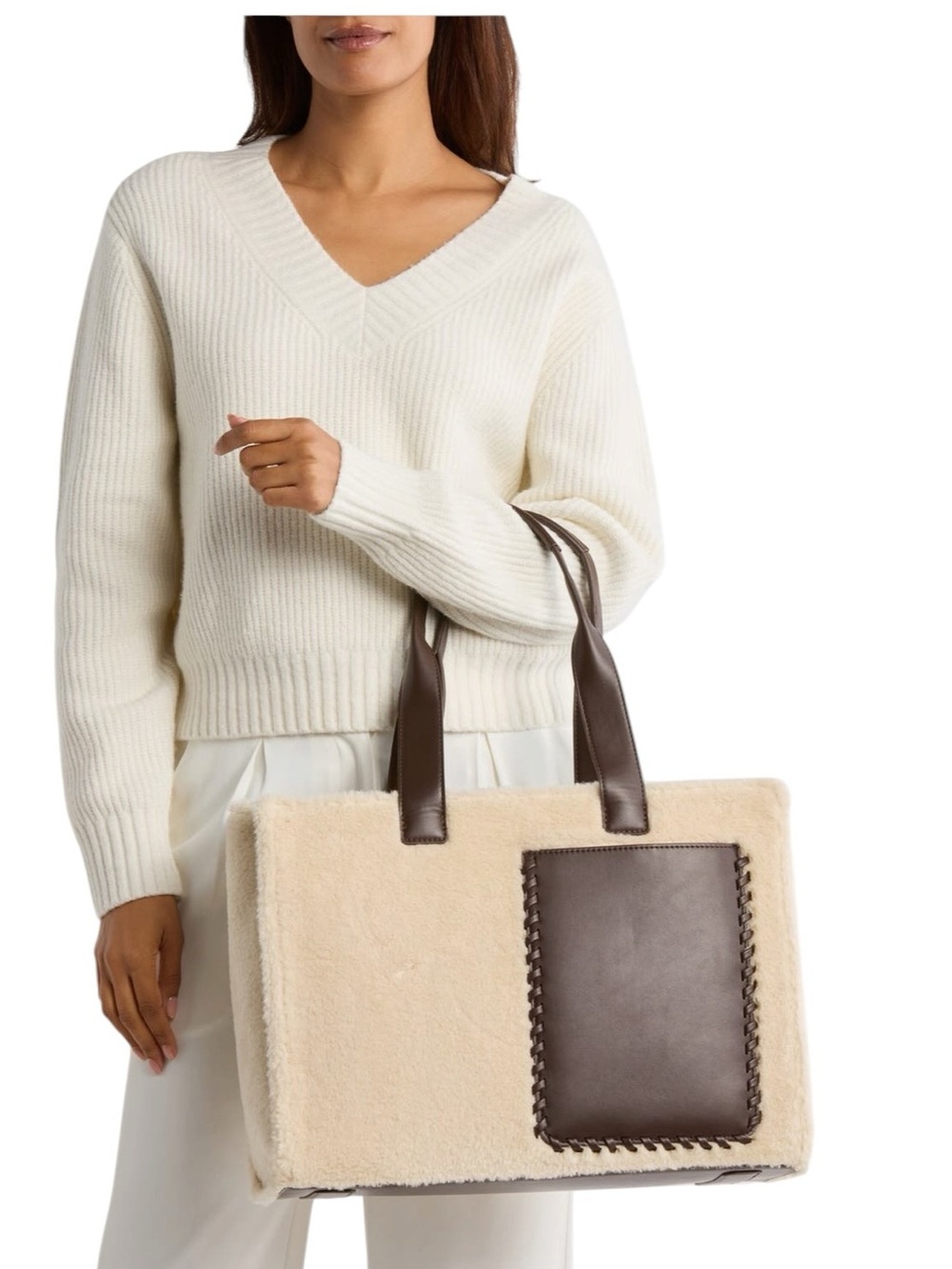 BCBG Whipstitch Faux Shearling Tote Bag Cream Chocolate Large Shoulder Tote NWT